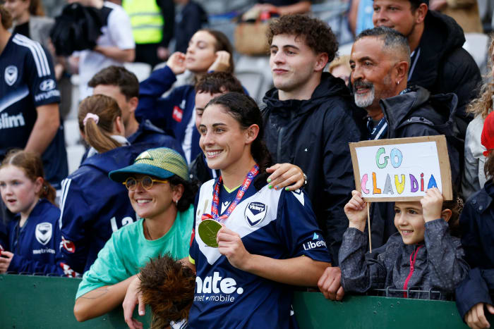 Claudia Bunge celebrates with her family after winning the A-League Women’s Grand Final match between Sydney FC and Melbourne Victory at Netstrata Jubilee Stadium on March 27, 2022, in Sydney, Australia. 